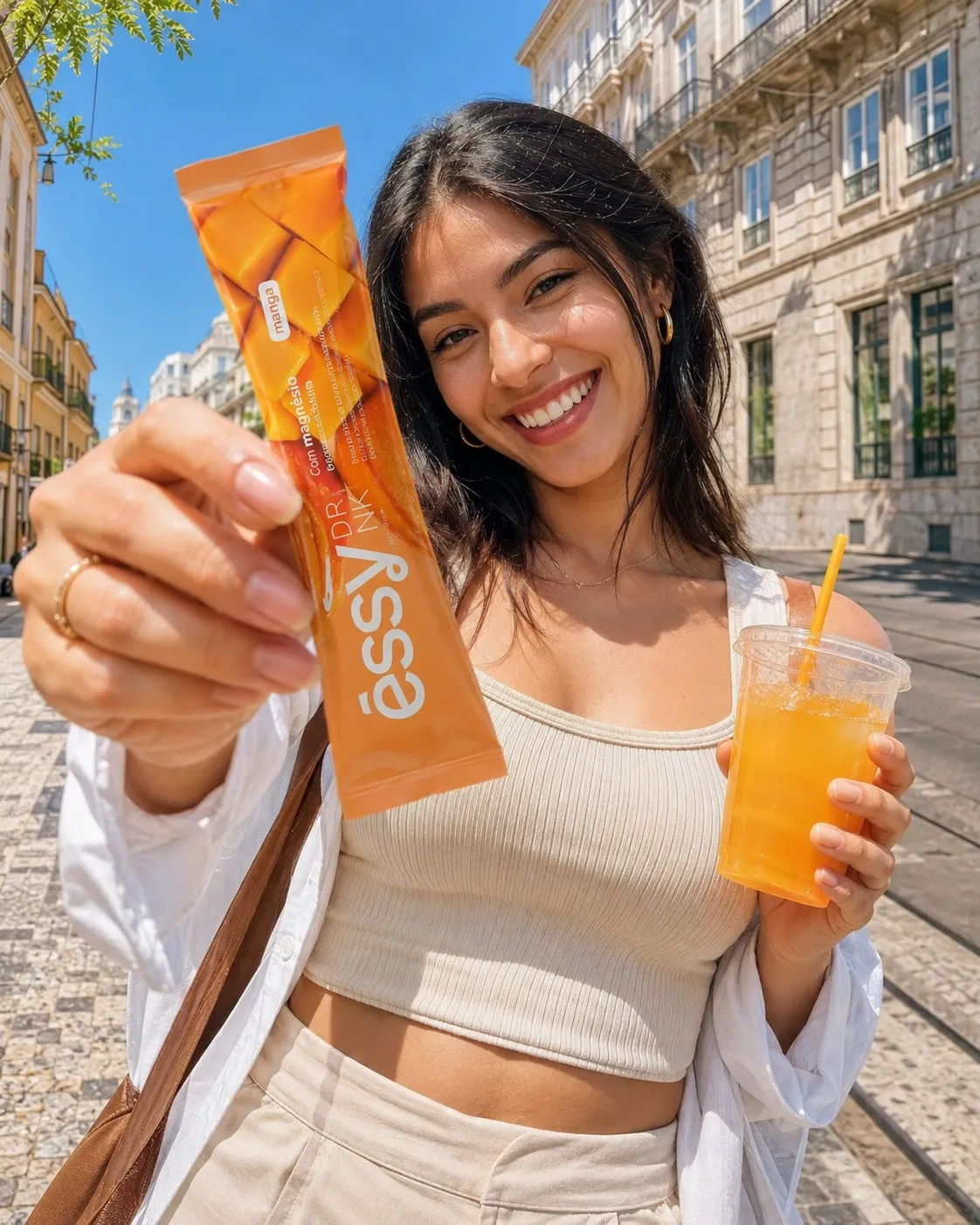 Mulher segurando o stick de Êssy Drink
