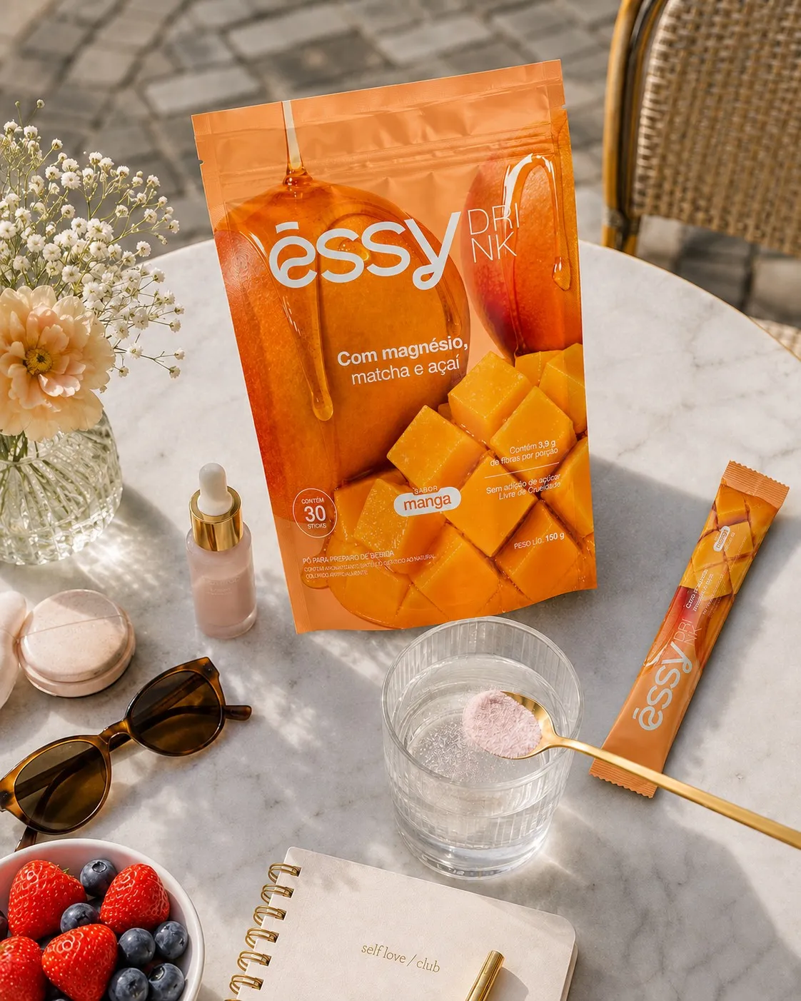 Êssy Drink na mesa com espelho e acessórios