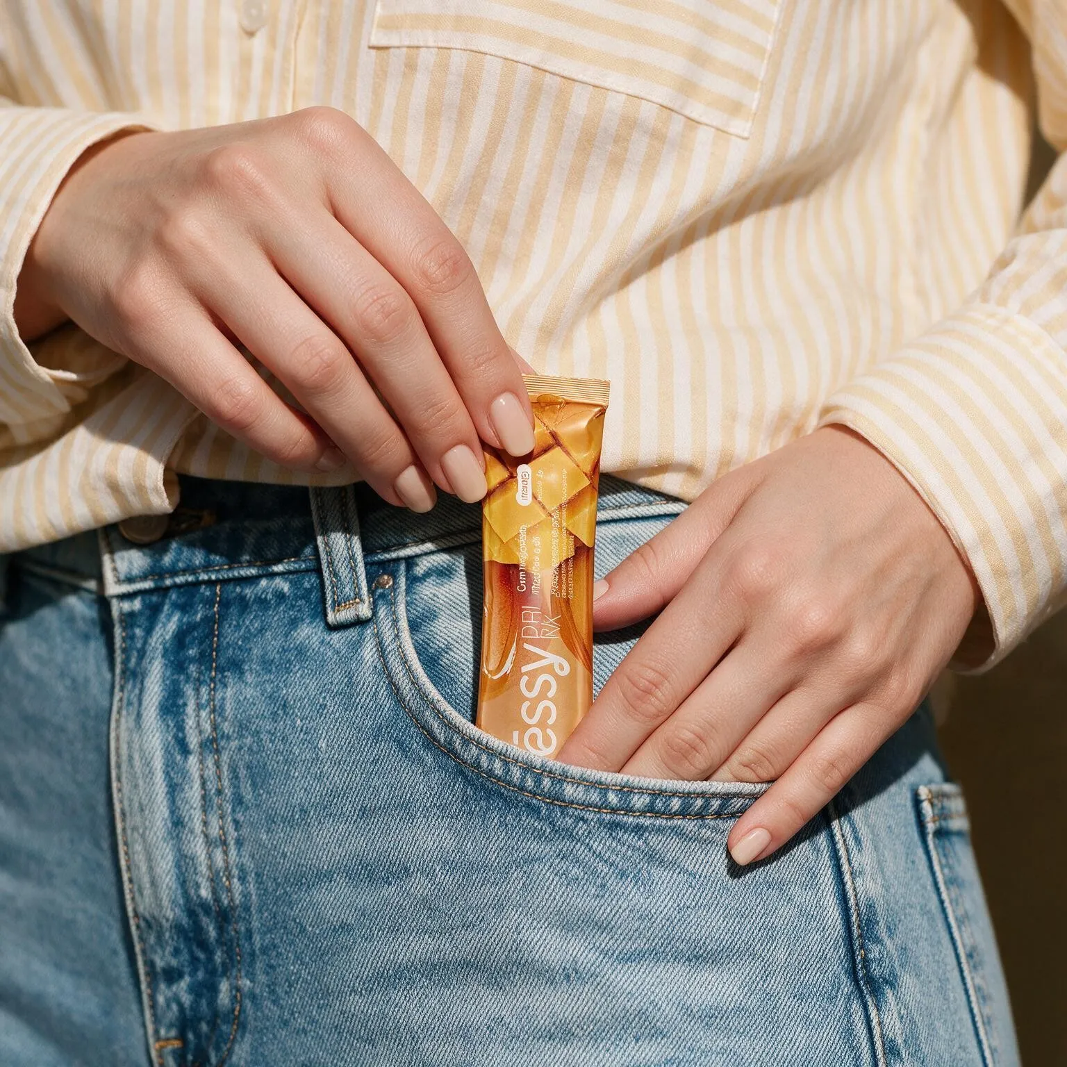Mulher guardando um stick de Êssy no bolso da calça jeans
