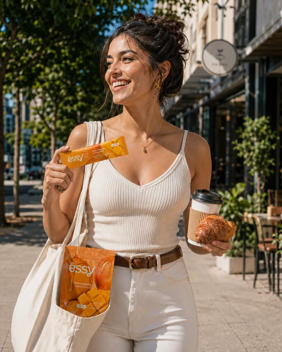Mulher de regata branca com Êssy Drink, café e croissant na rua