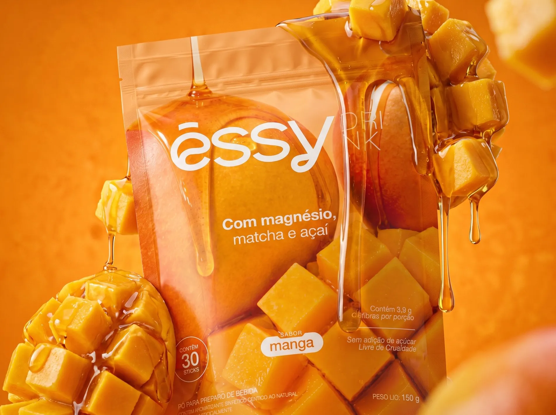 Embalagem de Êssy Drink com calda e cubos de manga