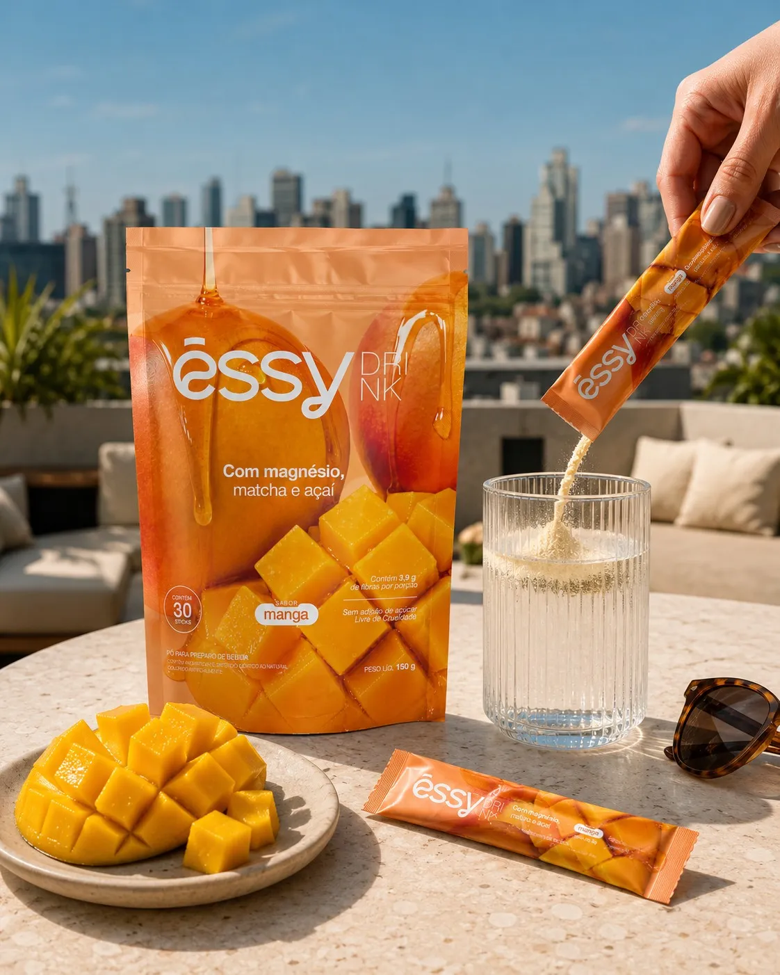 Êssy Drink sendo despejada em um copo com água