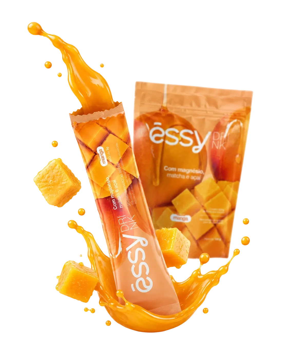Stick e embalagem de Êssy Drink com respingo de manga
