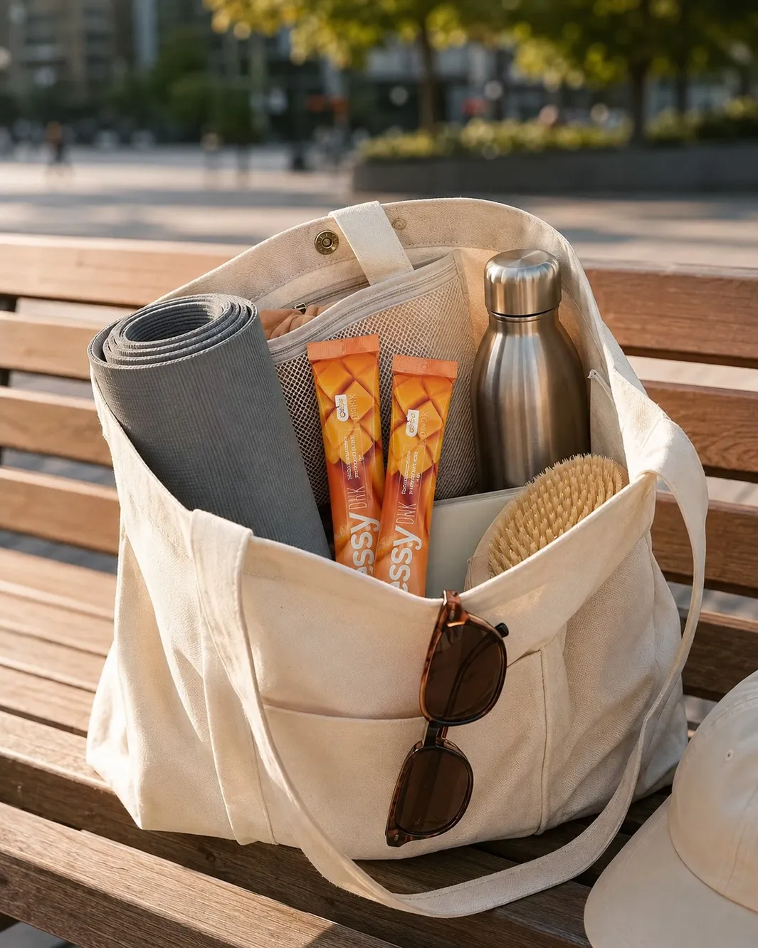 Êssy Drink na bolsa com yoga mat e garrafa
