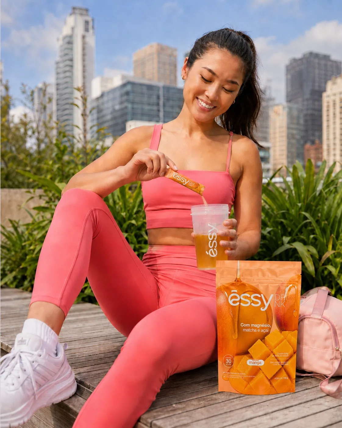 Mulher preparando Êssy Drink ao ar livre