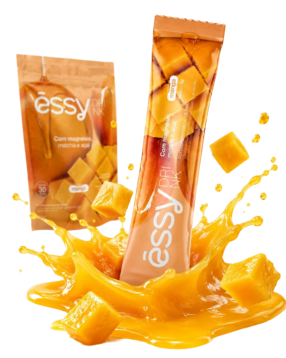 Embalagem e stick de Êssy Drink com cubos de manga